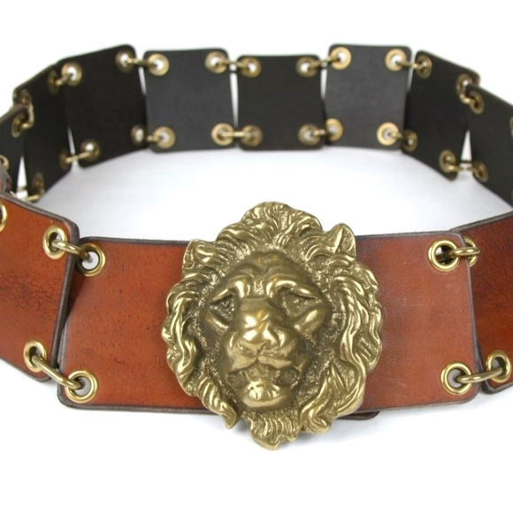 NWT SAINT LAURENT Lion Buckle Brown Leather and Chain Link Belt, Vintage Style! - Picture 3 of 8